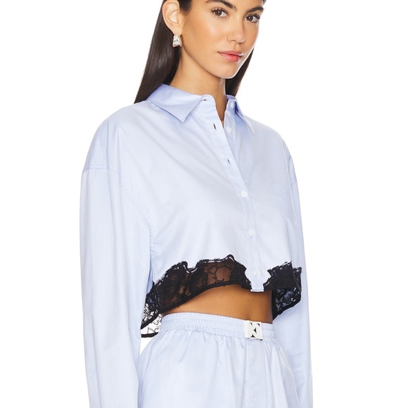 Blue Cropped Shirt with Black Lace Trim - Picture 1 of 10